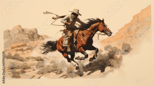 a horizontal layout, of a Cowboy, Cowgirl on a galloping horse in a Fredrick Remington-style composition in a Western-themed JPG format. Generative AI photo