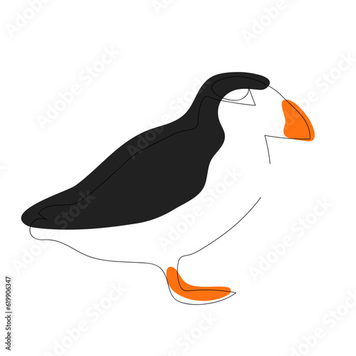 Common Atlantic puffin (Fratercula arctica) continuous one line vector drawing. Bird hand drawn modern simple single lineart style. Sketch. Illustration isolated on white background.
