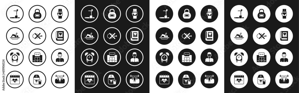 Set Smart watch, No meat, Healthy food, Treadmill machine, Medical book, Kettlebell, Positive thinking and Alarm clock icon. Vector Set Smart watch, No meat, Healthy food, Treadmill machine, Medical book, Kettlebell, Positive thinking and Alarm clock icon. Vector