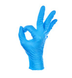 Hand making okay wearing a blue nitrile medical glove symbol. transparent png