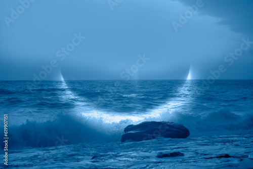 Abstract dark green background with crescent over the sea, strong waves in the foreground at night 