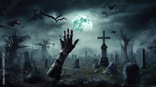 Eerie Night Awakening Zombie Hand Emerging from the Graveyard. created with Generative AI