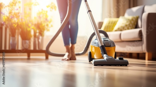 Young woman hoovering carpet at home Generative AI
