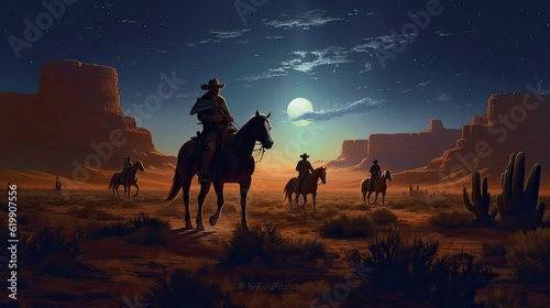 a horizontal layout, Cowboys and Cowgirls at sunset and under a starry sky a Western-themed in a JPG format. Generative AI