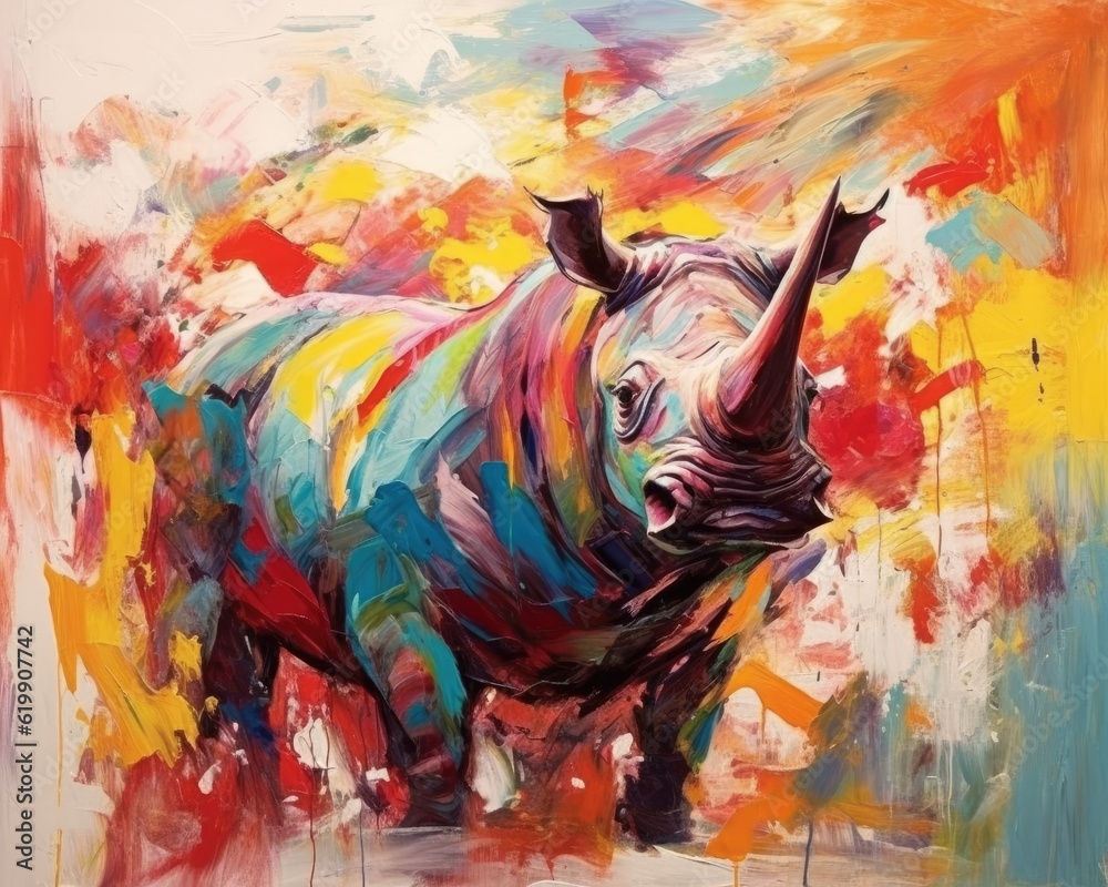 rhino  form and spirit through an abstract lens. dynamic and expressive rhino print by using bold brushstrokes, splatters, and drips of paint.  rhino raw power and untamed energy