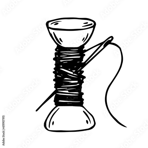 Sketch, scribble of a skein of thread with a needle.Vector graphics.