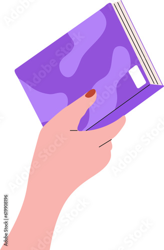 Hand hold book icon. Concept of literature, dictionaries, encyclopedias. Hand with planners with bookmarks in doodle style.
