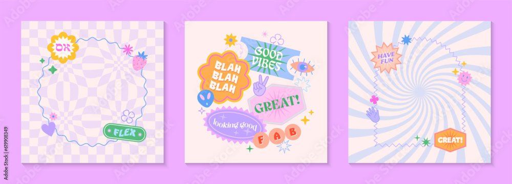 Vector templates with patches and stickers in 90s style.Modern emblems in y2k aesthetic chess and spiral backgrounds.Trendy funky designs for banners,social media marketing,branding,packaging,covers