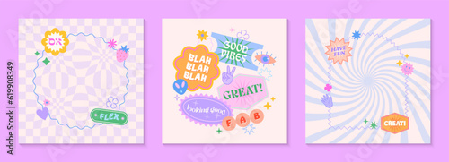 Vector templates with patches and stickers in 90s style.Modern emblems in y2k aesthetic chess and spiral backgrounds.Trendy funky designs for banners,social media marketing,branding,packaging,covers