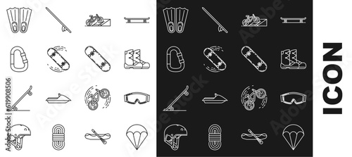 Set line Parachute, Ski goggles, Boots, Bicycle on street ramp, Skateboard trick, Carabiner, Rubber flippers for swimming and icon. Vector