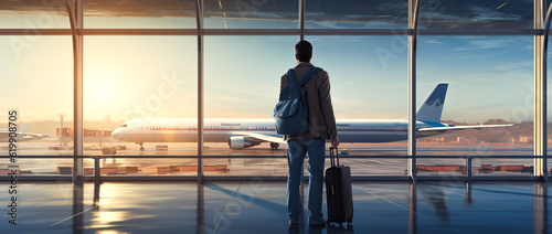 Businessman standing in the airport with travel luggage waiting for the flight at the airport terminal, Rear View. Generative AI.