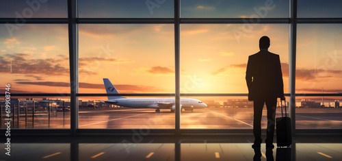 Waiting for flight. businessman standing at the airport window at Airport Terminal, businessman with travel luggage. Generative AI. photo