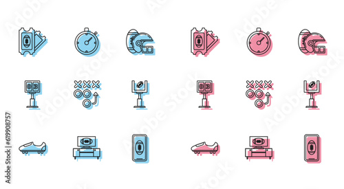Set line Soccer or football shoes with spikes, Smartphone american the screen, Planning strategy concept, goal post, Sport mechanical scoreboard result display and Stopwatch icon. Vector