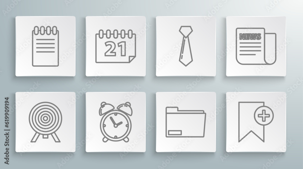 Set line Target, Calendar, Alarm clock, Document folder, Bookmark, Tie, News and Notebook icon. Vector Set line Target, Calendar, Alarm clock, Document folder, Bookmark, Tie, News and Notebook icon. Vector