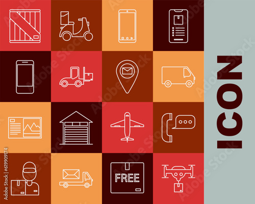 Set line Delivery drone with the package, Telephone speech bubble chat, cargo truck vehicle, Mobile app delivery tracking, Forklift, Wooden box and Placeholder map paper icon. Vector