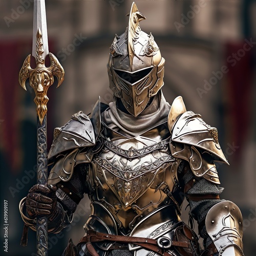 Knight in metal armor covered with ornaments. Generative AI