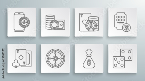 Set line Playing card with diamonds, Casino chips and stacks money cash, roulette wheel, Money bag, Game dice, playing cards, Online slot machine and poker table game icon. Vector