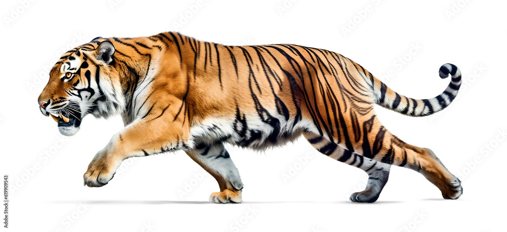 Tiger seaking to hunt, isolated background. Generative Ai