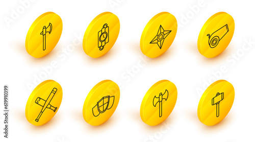 Set line Battle hammer, Medieval axe, Shield, Crossed baseball bat, Cannon, Japanese ninja shuriken, dynamite stick and timer clock and icon. Vector