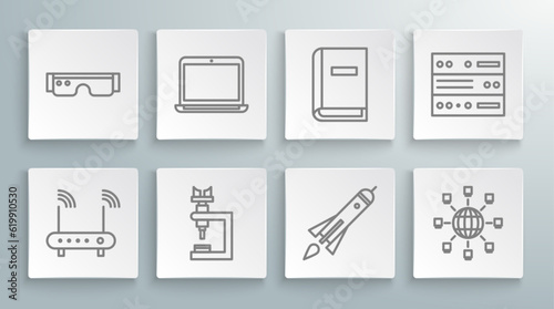 Set line Router and wi-fi signal, Laptop, Microscope, Rocket ship with fire, Social network, User manual, Server, Data, Web Hosting and Smart glasses icon. Vector © Oksana