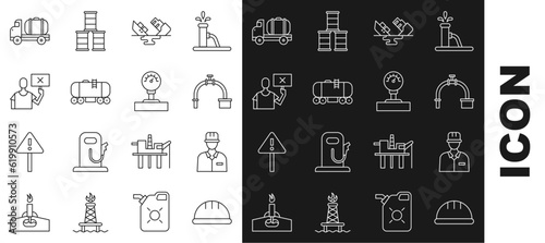 Set line Worker safety helmet, Oilman, Industry pipe and valve, Wrecked oil tanker ship, railway cistern, Nature saving protest, Tanker truck and Gauge scale icon. Vector