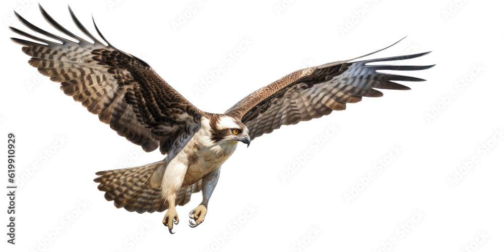 Obraz premium an Osprey, Pandion haliaetus. in flight in various positions, raptor, Nature-themed, photorealistic illustrations in a PNG, cutout, and isolated. Generative AI