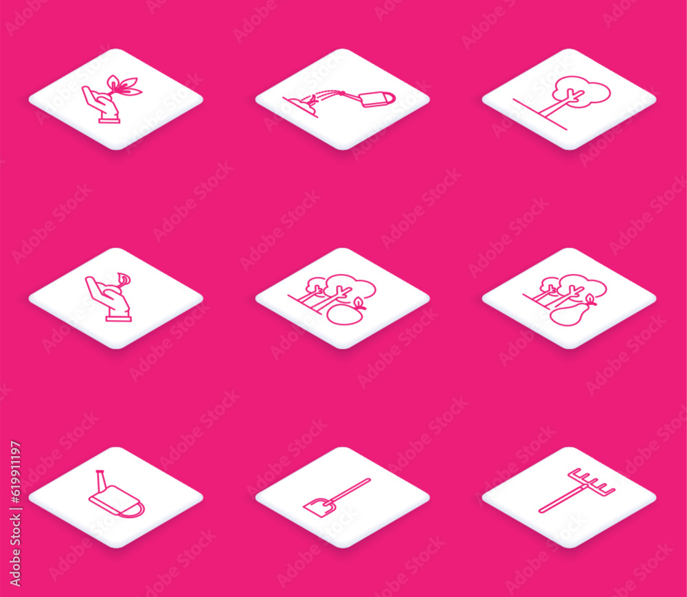 Set line Plant in hand of environmental protection, Watering can with water, Tree, Sprout, apple, pears, and Shovel icon. Vector