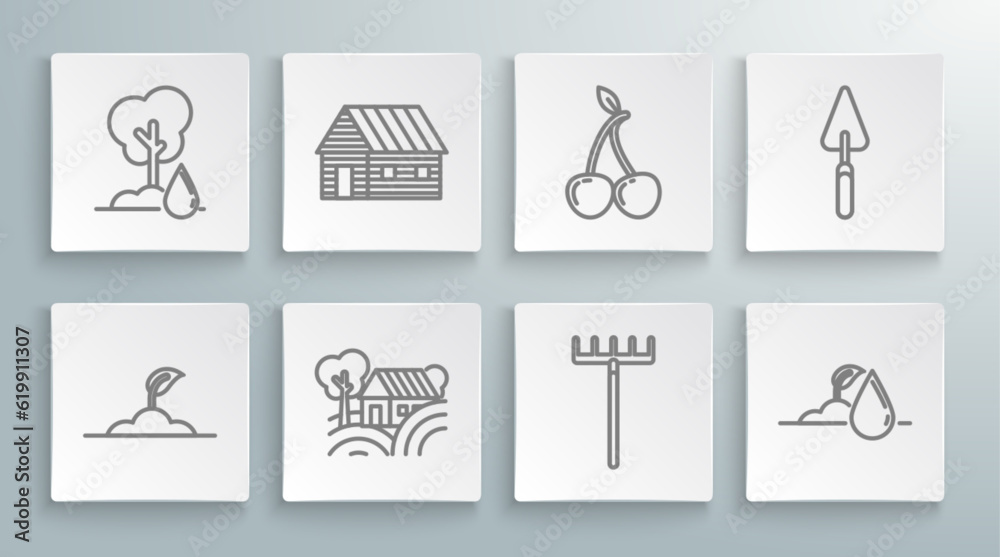 Set line Sprout, Farm house, House concept, Garden rake, Watering sprout, Cherry, trowel spade or shovel and Tree icon. Vector Set line Sprout, Farm house, House concept, Garden rake, Watering sprout, Cherry, trowel spade or shovel and Tree icon. Vector