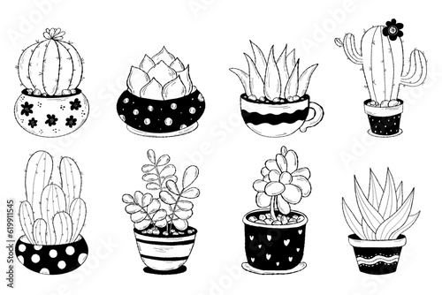 Cactus flowerpots doodles. Collection tropical houseplant. Vector illustration. Isolated hand drawings indoor plants in pots for design and decor.
