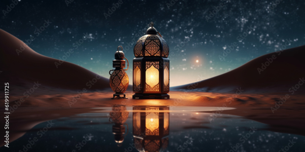 Lantern with night light background for the muslim feast of the holy month of ramadan kareem