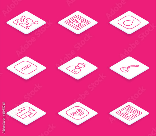 Set line Gaseous, Chemical online, Water drop, Pipette, Laboratory assistant, Test tube and flask, uniform and Bacteria icon. Vector
