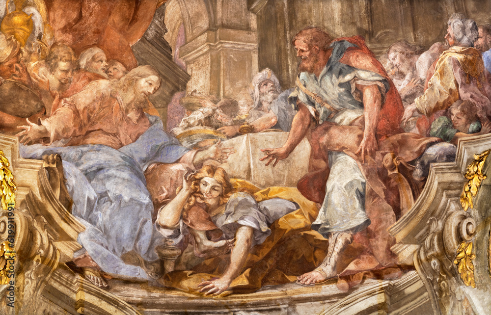 GENOVA, ITALY - MARCH 5, 2023: The fresco Mary Magdalen washes Feet of Jesus with Tears  in the church Chiesa di Santa Maria Maddalena by Sebastiano Galeotti (1729)