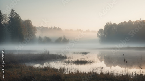 Spectacular view of a misty lake, marsh, reed edge, trees and forests. Sunset low light and a rustic, cinematic atmosphere. Blue and grayscale landscape. Created with Generative AI technology.