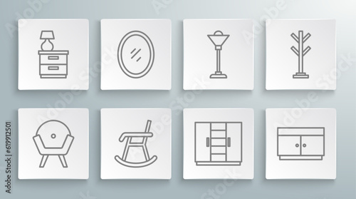 Set line Armchair, Mirror, Wardrobe, Chest of drawers, Floor lamp, Coat stand and Furniture nightstand with icon. Vector