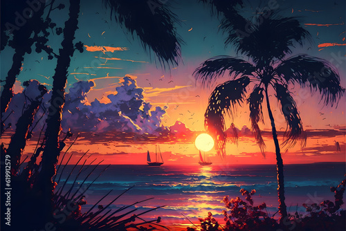 Digital art depicting a neon tropical island. Tropical summer palm trees. Generative AI