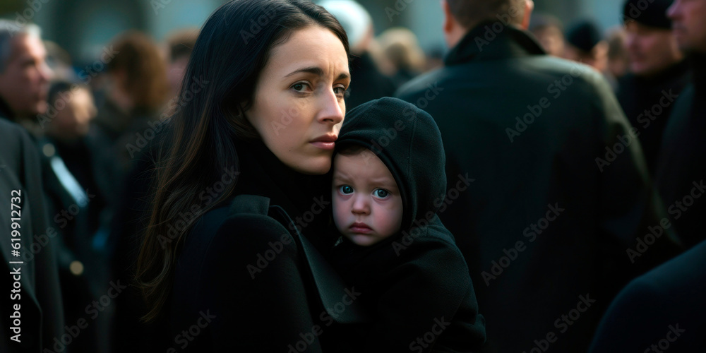 A woman in mourning clothes holding a baby at a funeral A woman in mourning clothes holding a baby at a funeral