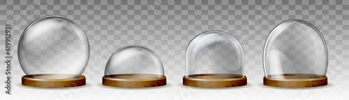 Set of Transparent glass dome and wooden tray in 3D realistic design.
