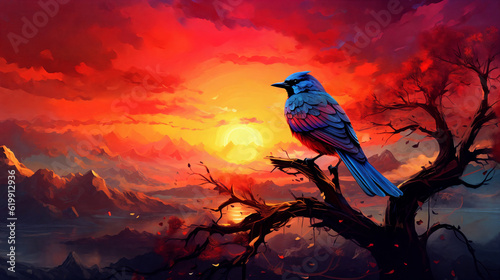 Birds grace sunset mountains. Generative AI