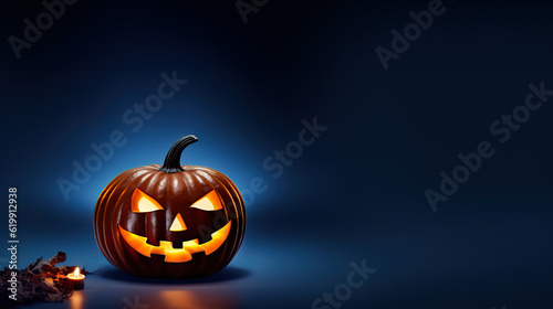 Enchanting Halloween Glow Illuminated Jack O Lantern in Spotlight on Dark Blue Background. created with Generative AI
