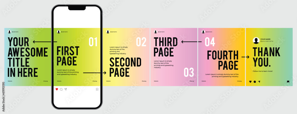 Microblog or carousel post template design for social media. Six page in portrait frame, seamless, minimalist style with gradient colors theme.