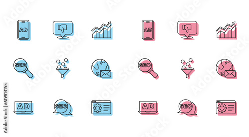Set line Advertising, SEO optimization, Browser setting, Lead management, Earth globe with mail, and Dislike speech bubble icon. Vector