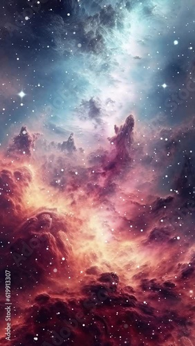 A slow push into space towards cosmic pillars with stars flowing towards the viewer, created using some elements of generative AI.