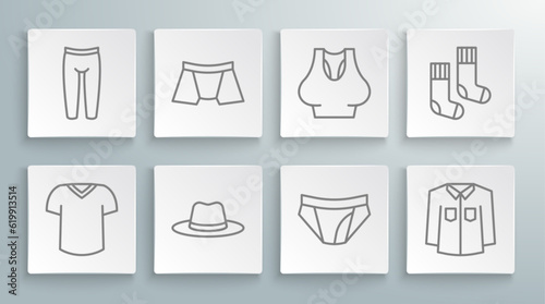Set line T-shirt, Men underpants, Man hat, Shirt, Undershirt, Socks and Leggings icon. Vector