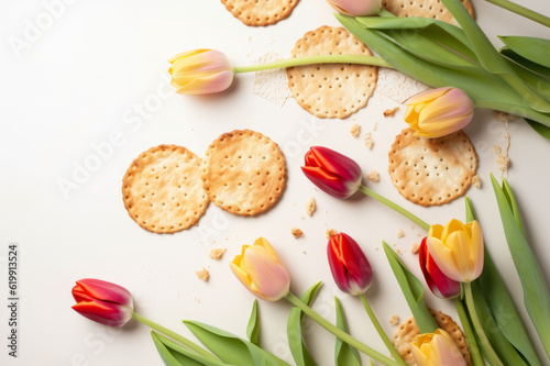 Cracker Crusty Salted Snack on white background with tulip flowers. Generated AI tools