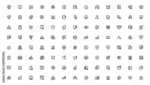 Growth   Success icon set. Successful business development  plan and process symbol. Goals and Target Related.Outline icon.