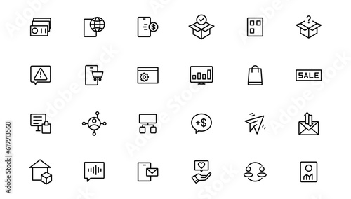Digital marketing icons set. Content, search, marketing, ecommerce, seo, electronic devices, internet, analysis.Outline icon.Outline icon.