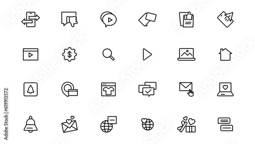 Digital marketing icons set. Content, search, marketing, ecommerce, seo, electronic devices, internet, analysis.Outline icon.Outline icon.