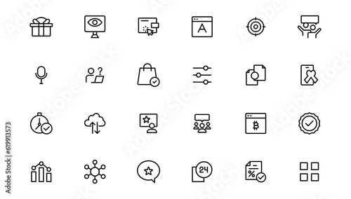 Digital marketing icons set. Content, search, marketing, ecommerce, seo, electronic devices, internet, analysis.Outline icon.Outline icon.