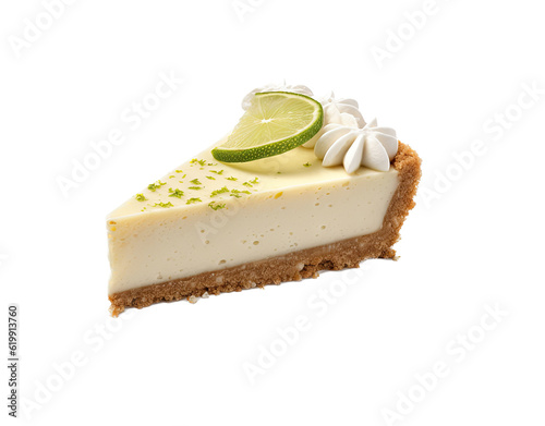 a delicious, Key lime pie with whipping cream and a graham cracker crust, dessert-themed, photorealistic illustrations in a PNG, cutout, and isolated. Generative AI