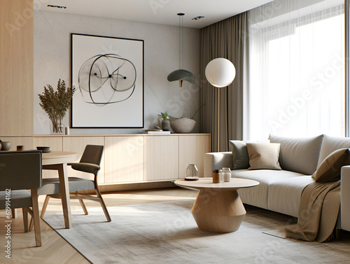 Studio apartment with grey sofa against window and wooden cabinet. Interior design of modern living room. Created with generative AI